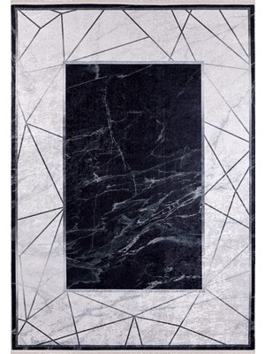 Hali.Net 80x150 cm Siyah Gri Mermer Modern Geometrik Ve Mermer Halı | Salon Mutfak Halısı | Hav Vermez Hipoalerjenik | HALN-HLN1532