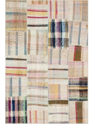 Iskece Bej Patchwork Yün Modern Desenli Yün Hav Toz Vermez Leke Tutmayan Salon Yolluk Mutfak El Dokuma Halı