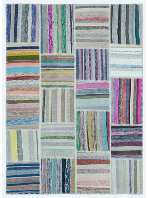 Hali.Net 160x222 cm Bej Çok Renkli Çizgili Bohem Patchwork Halı | Salon Yatak Odası Halısı | Hav Vermez | UNİQUE-25255