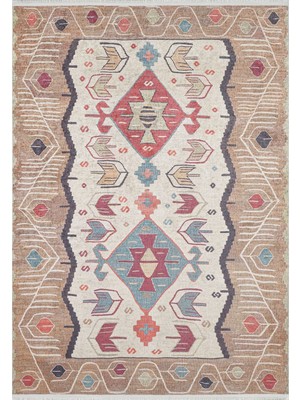 Hali.Net 80x150 cm Krem Bej Geometrik Etnik Etnik Halı | Salon Mutfak Halısı | Hav Vermez Hipoalerjenik | HALN-HLN1724