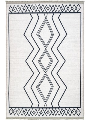 Venlo Geometrik Beyaz Polyester Dikdörtgen Modern Desenli Pamuk Makinada Yıkanabilir Hav Toz Vermez Leke Tutmayan Kaymaz Taban Dijital Makine Baskı Salon Yolluk Mutfak Halı