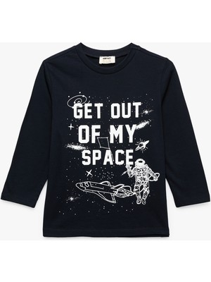 Koton Uzun Kollu Pamuklu Bisiklet Yaka Erkek Çocuk Tişört Günlük Stil Uzay Baskılı