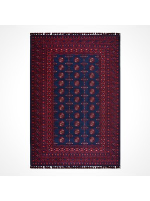 Kırmızı Çerçeveli Etnik Modern Desenli Pamuk Hav Vermeyen Leke Tutmayan Kolay Temizlenen Yumuşak Makine Salon Yolluk Mutfak Halı