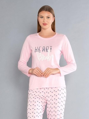 Uzun Kollu Bisiklet Yaka Pijama Takımı - Yazlık Kalp Desenli Yumuşak Milan Kumaş - Poppy 59-01 (M, L, Xl, Xxl)