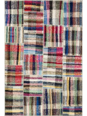 Bespoky 158x235 cm Bej Çok renkli Yama işi Bohem Çizgili Halı | Salon Yatak Odası Halısı | UNİQUE-36330