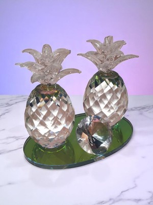 Alt Tablası Işıkta Renk Değiştiren Kristal 2'li Ananas ve Mücevher Dekoratif Obje ve Biblo Süs