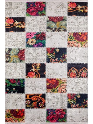 Hali.Net 80x250 cm Beyaz Açık Gri Çiçekli Modern Bohem Patchwork Halı | Mutfak Yolluk Halısı | Hav Vermez Hipoalerjenik | HALN-HLN188