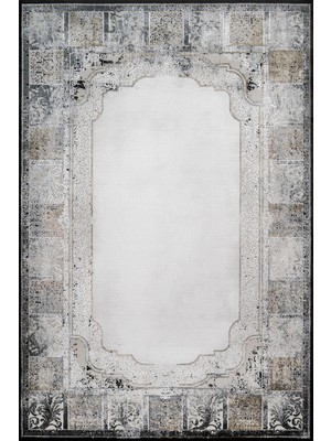  Çerçeveli Gri Pamuk Dikdörtgen Modern Desenli Pamuk Makinada Yıkanabilir Hav Toz Vermez Leke Tutmayan Kaymaz Taban Dijital Makine Baskı Salon Yolluk Mutfak Halı