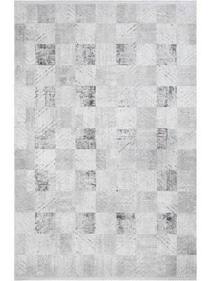 Bogie Geometrik Gri Mikro Polyester Kare Modern Desenli Akrilik Hav Vermeyen Leke Tutmayan Kolay Temizlenen Yumuşak Makine Salon Yolluk Mutfak Halı