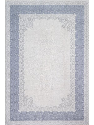  Çerçeveli Mavi Pamuk Dikdörtgen Modern Desenli Pamuk Makinada Yıkanabilir Hav Toz Vermez Leke Tutmayan Kaymaz Taban Dijital Makine Baskı Salon Yolluk Mutfak Halı