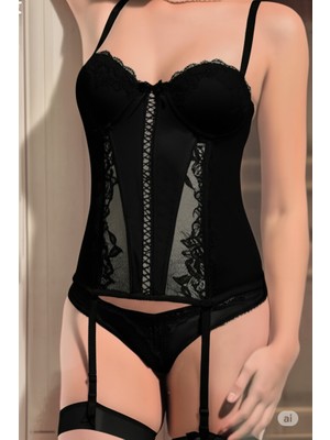 She Wonder Kadın Destekli Balenli Dantelli Jartiyerli Askılı Büstiyer Takım SİYAH
