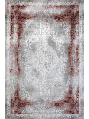 Bespoky 100x150 cm Bordo Açık Gri Medalyonlu Klasik Bitkisel Yıkanabilir Halı | Yatak Odası Mutfak Halısı | Leke Tutmayan, Kaymaz | ARTEMİS_DİOR-5860C