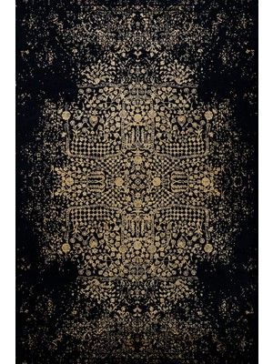 Bespoky 80x150 cm Siyah Medalyonlu Geleneksel Çiçekli Yıkanabilir Halı | Yatak Odası Mutfak Halısı | Leke Tutmayan, Kaymaz | ARTEMİS_CORFU-6352D