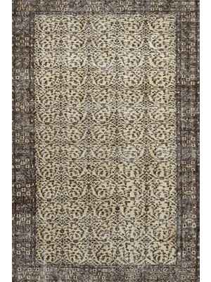 Bespoky Bej Krem Vizon Geometrik Vintage Eskitme Klasik Kaymaz Taban Oturma Odası Halısı Dijital Baskı
