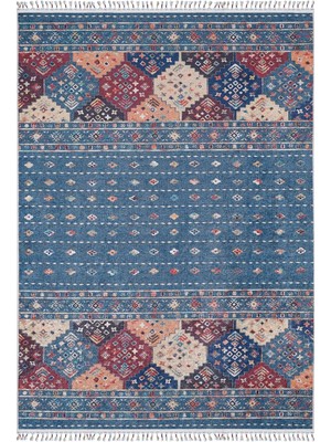 Bespoky 80x150 cm Lacivert Mavi Etnik Bohem Geometrik Yıkanabilir Halı | Yatak Odası Mutfak Halısı | Leke Tutmayan, Kaymaz | HALN-HLN5035