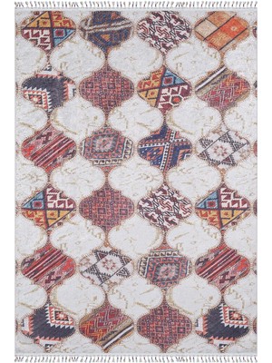 Bespoky 80x150 cm Krem Geometrik Bohem Etnik Yıkanabilir Halı | Yatak Odası Mutfak Halısı | Leke Tutmayan, Kaymaz | HALN-HLN5003