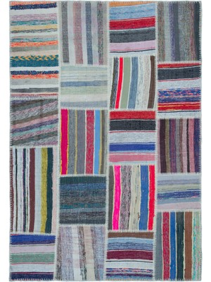 Bespoky 160x230 cm Bej Çok renkli Patchwork Bohem Çizgili Halı | Salon Yatak Odası Halısı | UNİQUE-25435