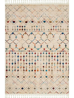 Prachi Bej Modern Etnik Desenli Bambu Makinada Yıkanabilir Hav Toz Vermez Leke Tutmayan Kaymaz Taban Dijital Makine Baskı Salon Yolluk Mutfak Halı