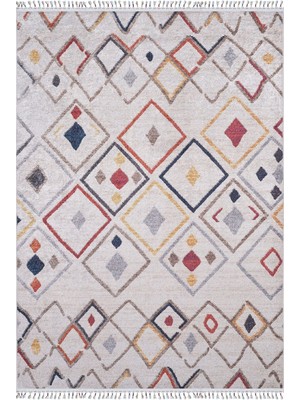 Bespoky 80x150 cm Krem Modern Etnik Yıkanabilir Halı | Mutfak Balkon Yatak Odası Halısı | Leke Tutmayan Kaymaz | HALN-HLN5018