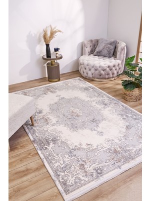 Pranjali Gri Göbekli Etnik Modern Desenli Viskon Hav Vermeyen Leke Tutmayan Kolay Temizlenen Yumuşak Makine Salon Yolluk Mutfak Halı