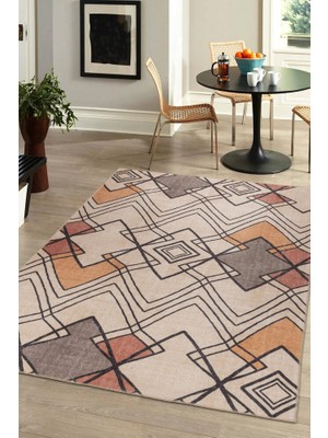 Bespoky 75x150 cm Krem Dikdörtgen Modern Etnik Yıkanabilir Halı | Mutfak Balkon Yatak Odası Halısı | Leke Tutmayan Kaymaz | FL34-DİKDÖRTGEN