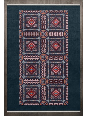 Bespoky 80x150 cm Lacivert Anatolian Modern Yıkanabilir Halı | Mutfak Balkon Yatak Odası Halısı | Leke Tutmayan Kaymaz | F_ANATOLİAN-6013