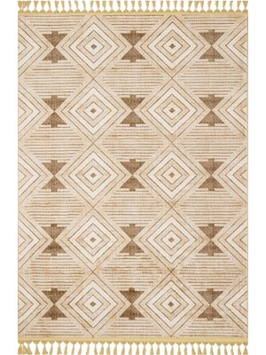 Bespoky 100x150 cm Bej Geometrik Bohem Elmas Yıkanabilir Halı | Yatak Odası Mutfak Halısı | Leke Tutmayan, Kaymaz | MHV-3842
