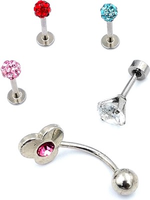 Renkli Taşlı Çelik 5 Adet Kaş Tragus Piercing