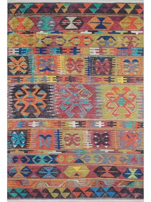 Hali.Net 80x200 cm Turuncu Dijital Baskı Etnik Patchwork Halı | Balkon Halısı Mutfak Koridor Halı | Hav Vermez Hipoalerjenik | HALN-HLN1959