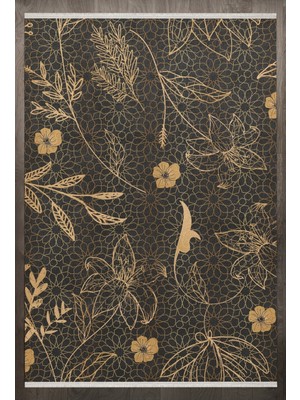  Çiçekli Gold Pamuk Dikdörtgen Modern Desenli Pamuk Makinada Yıkanabilir Hav Toz Vermez Leke Tutmayan Kaymaz Taban Dijital Makine Baskı Salon Yolluk Mutfak Halı