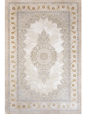 Bespoky 80x150 cm Bej Krem Medalyonlu Klasik Çiçekli Yıkanabilir Halı | Yatak Odası Mutfak Halısı | Leke Tutmayan, Kaymaz | ARTEMİS_VANESSA-6159B