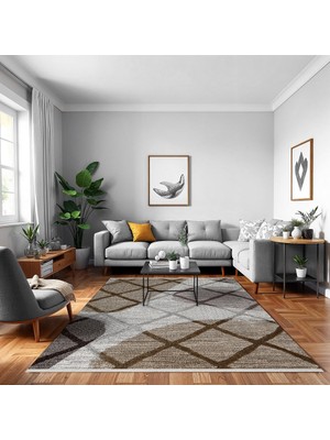  Geometrik Kahverengi Pamuk Kare Modern Desenli Pamuk Makinada Yıkanabilir Hav Toz Vermez Leke Tutmayan Kaymaz Taban Dijital Makine Baskı Salon Yolluk Mutfak Halı