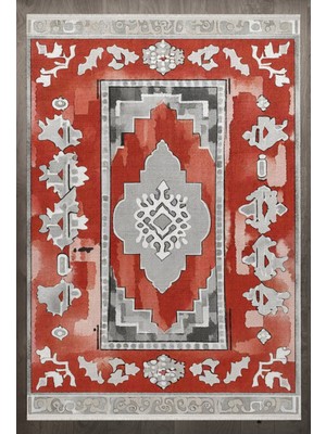  Çerçeveli Kırmızı Pamuk Dikdörtgen Modern Desenli Pamuk Makinada Yıkanabilir Hav Toz Vermez Leke Tutmayan Kaymaz Taban Dijital Makine Baskı Salon Yolluk Mutfak Halı
