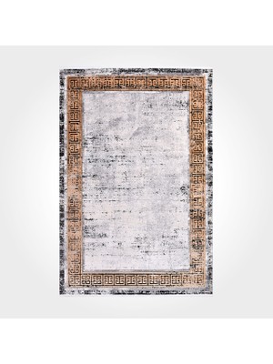 Aurelia Gri Çerçeveli Etnik Modern Desenli Viskon Hav Vermeyen Leke Tutmayan Kolay Temizlenen Yumuşak Makine Salon Yolluk Mutfak Halı