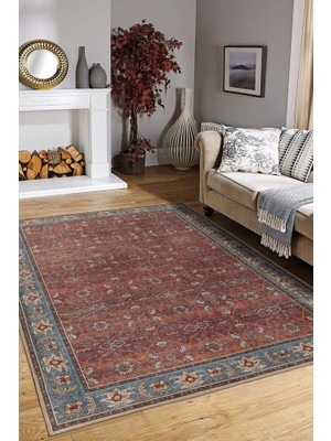 Hali.Net 75x150 cm Mavi Dikdörtgen Klasik Etnik Çerçeveli Halı | Mutfak Balkon Salon Halısı | Hav Vermez Leke Tutmaz | FL38-DİKDÖRTGEN