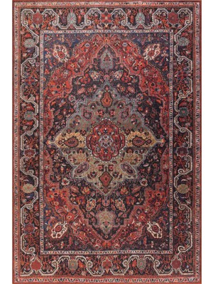 Bespoky 150x150 cm Kırmızı Geleneksel Medalyonlu Oryantal Bitkisel ve Geometrik Yıkanabilir Halı | Salon Yatak Odası Halısı | Leke Tutmayan, Kaymaz | BA07-KARE