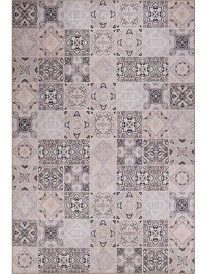 Bespoky 150x150 cm Pembe Bej Patchwork Etnik Çini Motifleri Yıkanabilir Halı | Salon Yatak Odası Halısı | Hav Vermez, Leke Tutmaz, Kaymaz | BA26-KARE