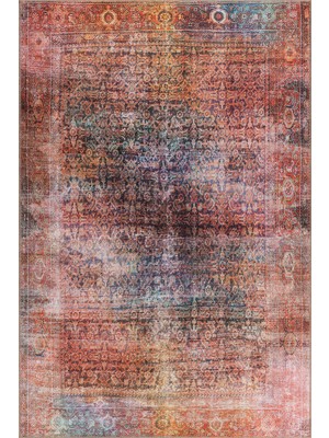 Bespoky 150x150 cm Turuncu Çok Renkli Eskitme Vintage/Bohem Geleneksel Yıkanabilir Halı | Salon Yatak Odası Halısı | Leke Tutmayan, Kaymaz | BA41-KARE