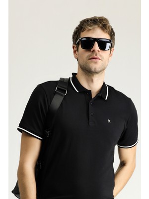 Polo Yaka Slim Fit Dar Kesim Nakışlı Süprem Pamuklu Tişört