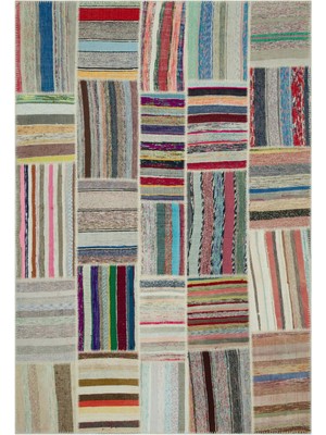 Bespoky 190x278 cm Bej Çok renkli Yama işi Bohem Çizgili Halı | Salon Yatak Odası Halısı | UNİQUE-22398