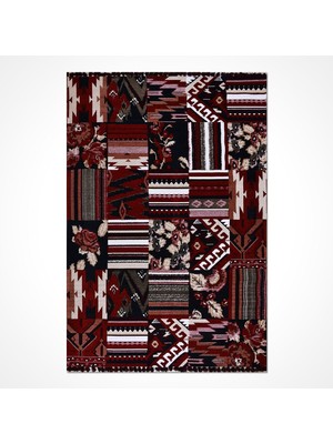 Kırmızı Eskitme Etnik Modern Desenli Pamuk Hav Vermeyen Leke Tutmayan Kolay Temizlenen Yumuşak Makine Salon Yolluk Mutfak Halı