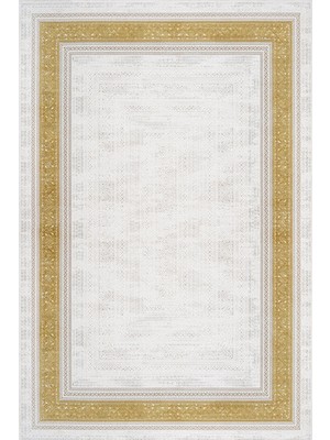 Bespoky 120x300 cm Altın Beyaz Bordürlü Klasik Geometrik ve Bitkisel Yıkanabilir Halı | Salon Yatak Odası Halısı | Hav Vermez, Leke Tutmaz, Kaymaz | LXS_VALERİA-1074G