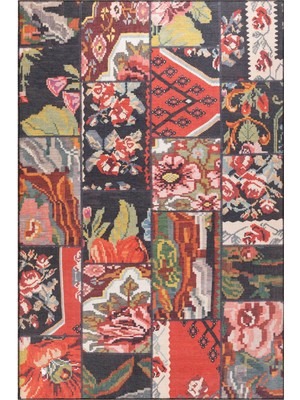 Bespoky 150x150 cm Kırmızı Çok renkli Patchwork Etnik Çiçekli Yıkanabilir Halı | Salon Yatak Odası Halısı | Hav Vermez, Leke Tutmaz, Kaymaz | BA10-KARE
