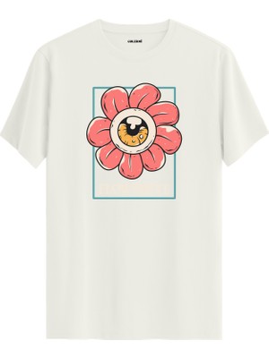 Çiçek ve Göz Tasarımlı Retro Stilde %100 Pamuk Premium Kumaş Tişört