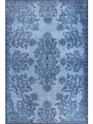 Bespoky 150x150 cm Mavi Desenli Klasik Geleneksel Yıkanabilir Halı | Salon Yatak Odası Halısı | Leke Tutmayan, Kaymaz | BA04-KARE