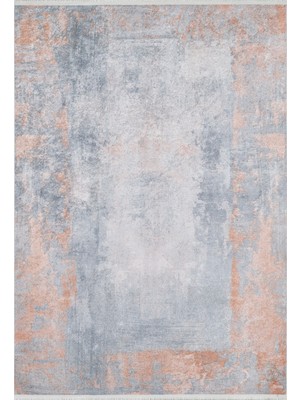 Bespoky 80x150 cm Turuncu Gri Soyut Modern Yıkanabilir Halı | Yatak Odası Mutfak Halısı | Leke Tutmayan, Kaymaz | HALN-HLN1739