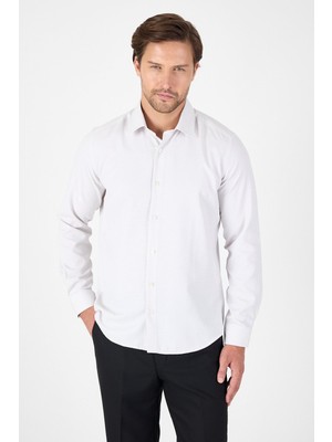 Bej Uzun Kol Sert Yaka Cepsiz  Slim Fit Pamuklu Gömlek 1004250225