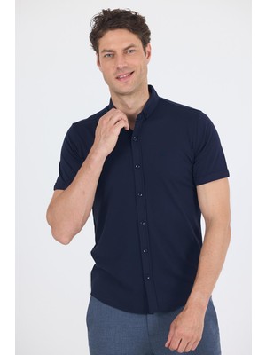 Koyu Lacivert Italyan Düğmeli Yaka Kısa Kol Cepsiz Slim Fit Gömlek 1004250255