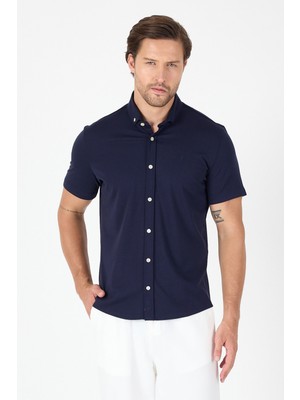 Koyu Lacivert Kısa Kol Düğmeli Yaka Cepsiz Performans Ürün Slim Fit  Gömlek 1004250256