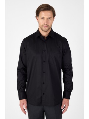 Siyah Sert Yaka Düz Classic %100 Pamuk Comfort Fit Gömlek 1004250323